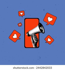 Contemporary art collage. Vector illustration. Hand with megaphone inside smartphone with blank red screen surrounded like signs. Concept of social media, influence, popularity, modern lifestyle. Ad