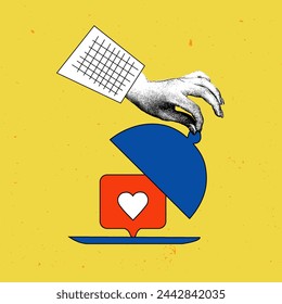 Contemporary art collage. Vector illustration. Hand open serving lamb with like sign inside against vibrant yellow background. Concept of social media, influence, popularity, modern lifestyle and ad