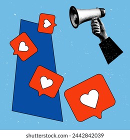 Contemporary art collage. Vector illustration. Hand holds megaphone and likes floating out of it against abstract blue background. Concept of social media, influence, popularity, modern lifestyle. Ad