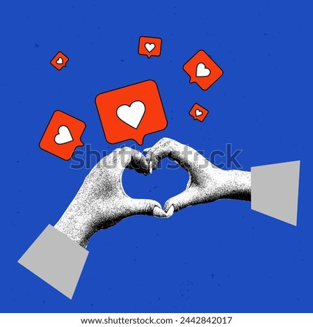 Contemporary art collage. Vector illustration. Hands making heart shape against blue background with social media like icons. Concept of social media, influence, popularity, modern lifestyle and ad