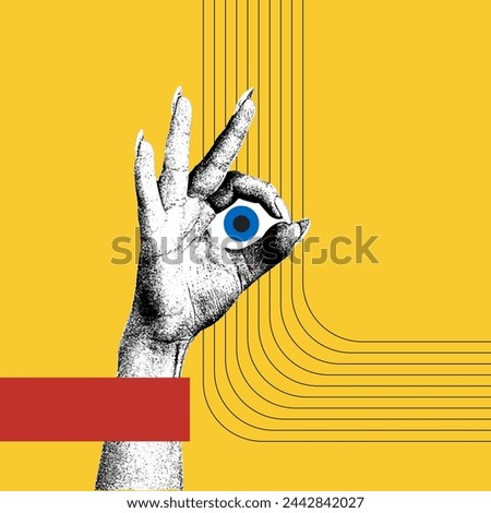 Contemporary art collage. Vector illustration. Black and white drawing of hand makes okay sign with blue eye against yellow background. Concept of social media, influence, modern lifestyle and ad.