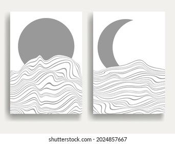 Contemporary art composition . Vector illustration . Modern sun and ocean background . Minimal design brochure . Abstract geometric poster.