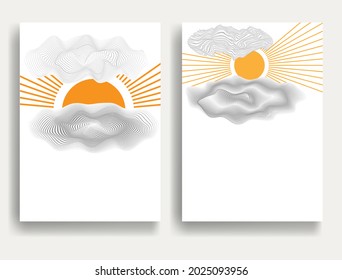 Contemporary art composition . Vector illustration . Modern sun and cloud background . Minimal design brochure . Abstract geometric poster.