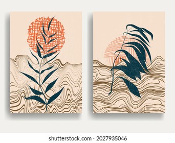 Contemporary art composition . Vector illustration . Modern sunset background . Minimal design brochure . Abstract geometric poster.