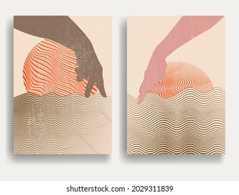 Contemporary art composition . Vector illustration . Modern sunset background . Minimal design brochure . Abstract geometric poster.