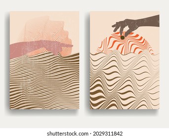Composición artística contemporánea. Ilustración del vector. Moderna puesta de sol. Folleto de diseño mínimo. Afiche geométrico abstracto.
