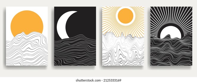 Contemporary art composition . Vector illustration . Modern sun and ocean background . Minimal design brochure . Abstract geometric poster.