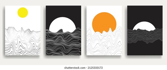 Contemporary art composition . Vector illustration . Modern sun and ocean background . Minimal design brochure . Abstract geometric poster.