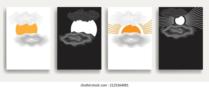 Contemporary art composition . Vector illustration . Modern sun and cloud background . Minimal design brochure . Abstract geometric poster.