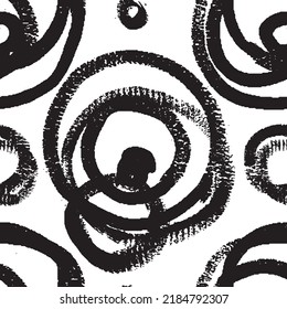 Contemporary art design grunge vector seamless texture for textile design. It was drawn by dry brush. Black and white pattern with circle elements. Geometry abstraction.