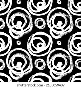 Contemporary art design grunge vector seamless texture for textile design. It was drawn by dry brush. Black and white pattern with circle elements. Geometry abstraction.