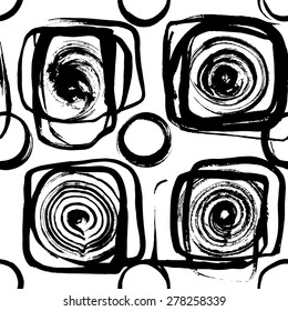 Contemporary art design grunge vector seamless texture for textile design. It was drawn by dry brush. Black and white pattern with large square elements. Geometry abstraction. Can be used as a print