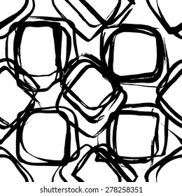 Contemporary art design grunge vector seamless texture for textile design. It was drawn by dry brush. Black and white pattern with large square elements. Geometry cube abstraction