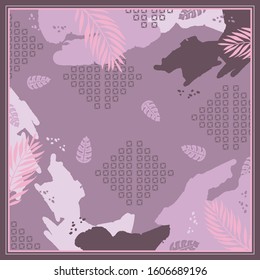 Diseño de arte contemporáneo para el patrón de bufanda con hoja sobre fondo morado. Moda hijab