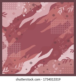 Diseño artístico contemporáneo para el patrón de la bufanda con ornamento geométrico y hoja en rojo