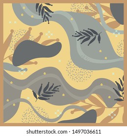 Contemporary art design for silk scarf with floral element. Hijab pattern on yellow background