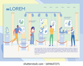 Contemporary Art Exhibition at Museum Presentation Landing Page. Informational Editable Text, People Visitor, Modern Artwork Picture in Canvas on Wall, Sculpture Exhibit Design. Vector Illustration