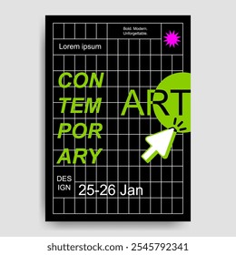 Contemporary art exhibition poster with retro futuristic design on black background and lime green color accent