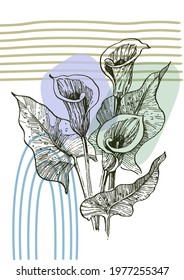 Contemporary art floral posters in trendy color. Abstract hand drawing flowers and geometric elements and strokes, leaves and flower. 