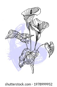 Contemporary art floral posters in trendy colors. Abstract hand drawing flowers and geometric elements and strokes, leaves and flower. 