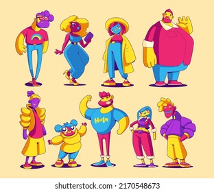 Contemporary art with funny abstract characters. Vector cartoon set of cute people in trendy comic style. Modern graphic illustration of men and women isolated on background