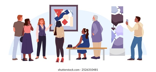 Contemporary art gallery exhibition in public museum with visitors. Young and old people watch exposition of trendy artwork and paintings, excursion with guide and tourists cartoon vector illustration