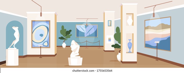 Contemporary art gallery flat color vector illustration. Painting exhibits for excursion. Modern masterpiece showcase. Cultural museum 2D cartoon interior with artwork installations on background