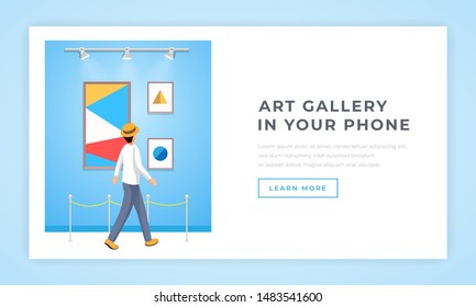 Contemporary art gallery landing page template. Male museum exhibition visitor looking at abstract paintings cartoon character. Digital artwork collection website page design layout
