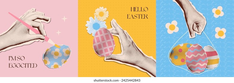 Contemporary art halftone collage set of hand holding a painted eggs. Easter sweets and egg hunt concept. Vector y2k pop art illustration.