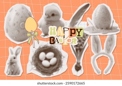 Contemporary art halftone paper collage stickers set with egg, nest, and festive elements of Easter bunny, small chick. Happy Easter concept. Vector trendy vintage illustration.