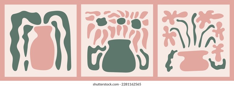 Contemporary art with Matisse flowers. Modern Matisse inspired abstract floral square cards set with fluid bouquet in vase. Organic shapes vector illustration