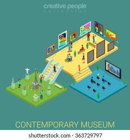 Contemporary art meseum exhibit flat 3d isometry isometric concept web vector illustration. Exposition floors interior alternative picture sculpture gallery micro buyers. Creative people collection.