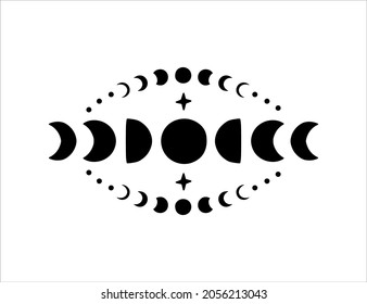 Contemporary art with moon phases. Hand drawn sacred geometry moon. Boho vector illustration with mystical crescent moon, astrology symbol. Bohemian poster, magic cards, celestial tattoo, logo.