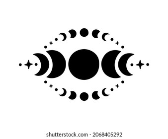 Contemporary art with moon phases. Hand drawn sacred geometry moon. Boho vector illustration with mystical crescent moon, astrology symbol. Bohemian poster, magic cards, celestial tattoo, logo.