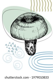 Contemporary art mushrooms posters in trendy colors. Abstract hand drawing flowers and geometric elements and strokes, leaves and mushroom. 