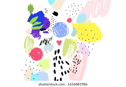 Contemporary art pattern. Brush, marker, pencil stroke. Vector illustration. Memphis, 90s, 80s retro style. Children, kids sketch drawing. Black, red, green, pink, blue, yellow, white, purple colors.