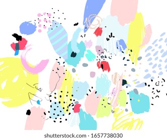 Contemporary art pattern. Brush, marker, pencil stroke. Vector illustration. Memphis, 90s, 80s retro style. Children, kids sketch drawing.  Black, red, green, pink, blue, yellow, white, purple colors.