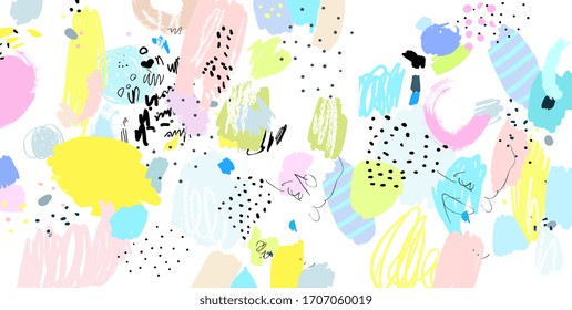 Contemporary art pattern. Brush, marker, pencil stroke. Vector illustration. Memphis, 90s, 80s retro style. Children, kids sketch drawing.   Black, green, pink, blue, yellow, white, purple colors