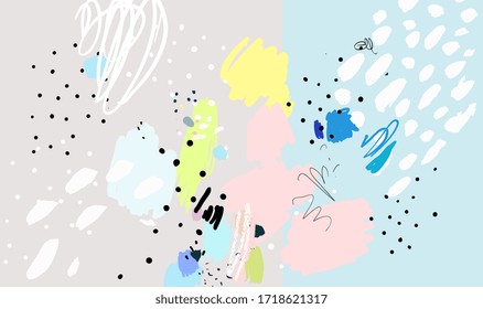 Contemporary art pattern. Brush, marker, pencil stroke. Vector illustration. Memphis, 90s, 80s retro style. Children, kids sketch drawing. Black, green, pink, blue, yellow, white, purple, grey colors