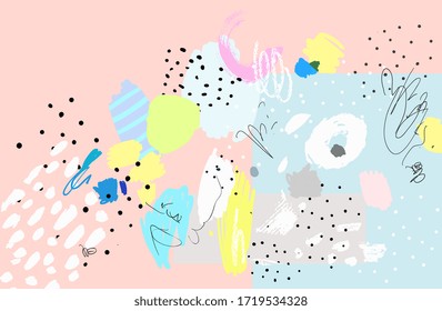 Contemporary art pattern. Brush, marker, pencil stroke. Vector illustration. Memphis, 90s, 80s retro style. Children, kids sketch drawing. Black, green, pink, blue, yellow, white, purple, grey colors