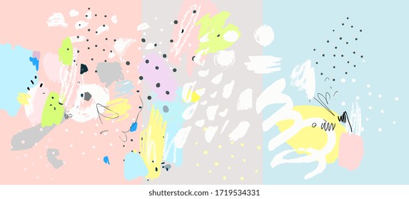 Contemporary art pattern. Brush, marker, pencil stroke. Vector illustration. Memphis, 90s, 80s retro style. Children, kids sketch drawing. Black, green, pink, blue, yellow, white, purple, grey colors