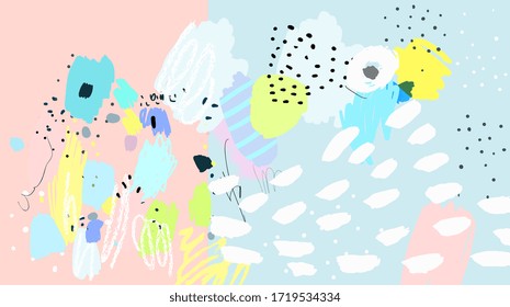 Contemporary art pattern. Brush, marker, pencil stroke. Vector illustration. Memphis, 90s, 80s retro style. Children, kids sketch drawing. Black, green, pink, blue, yellow, white, purple, grey colors