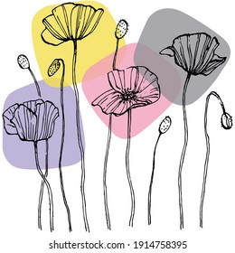 Contemporary art poppies posters in trendy colors. Abstract hand drawn flowers and geometric elements and strokes, leaves and flower. Design for social media, invitation, postcards, print for wall art