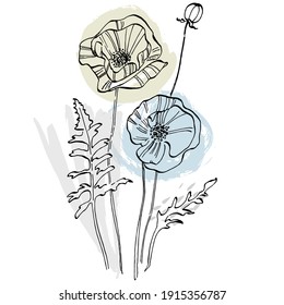 Contemporary art poppies posters in trendy colors. Abstract hand drawing flowers and geometric elements and strokes, leaves and flower. Design for social media, invitation, postcards, prints