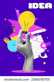 Contemporary art poster. Abstract halftone style banner with realistic hand holding light bulb. Brainstorming and coming up with new creative business ideas. Flat vector illustration in doodle style