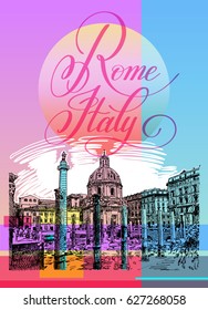 contemporary art poster design of Rome Italy, sketch drawing of a basilica in bright cosmic pink colors with lettering, vector illustration