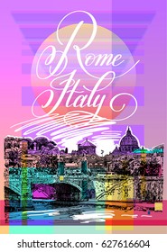 contemporary art poster design of Rome Italy, sketch drawing of a basilica in bright cosmic pink colors with lettering, vector illustration