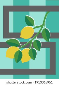 Contemporary art poster with lemon branch, and frames. Herbal, plants elements and strokes, leaves. Design for social media, postcards, print, cover. Wall decoration. Background. Tropical, exotic.