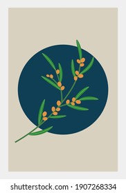 Contemporary art poster in pastel colors with sea buckthorn. Abstract geometric elements and strokes, leaves and berries. Great design for social media, postcards, print. Wall decoration. Art  decor.