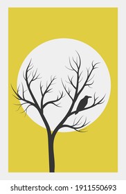 Contemporary art poster in pastel colors with crow and tree. Vintage elements and strokes. Design for social media, postcards, print, cover. Wall decoration. Art  decor. Background, backdrop, decor.